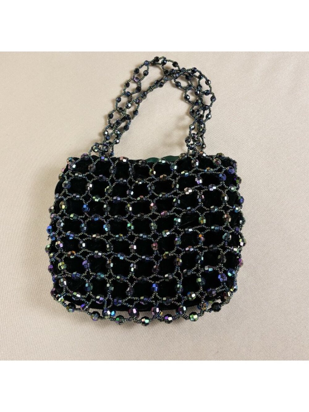 Vintage Green Velvet Beaded Evening Handbag Glass Beads Formal Handbag B58